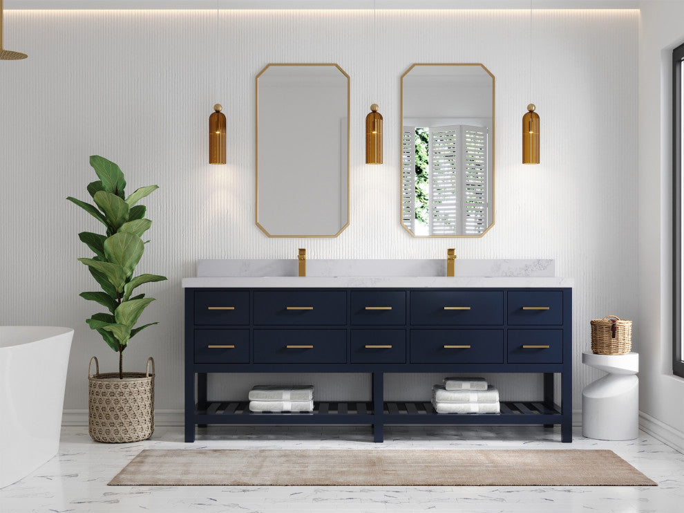 Parker 84 Double Sink Bathroom Vanity, Navy Blue 2" Calacatta Nuvo