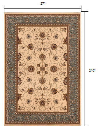 2"x20" Cream and Blue Traditional Runner Rug