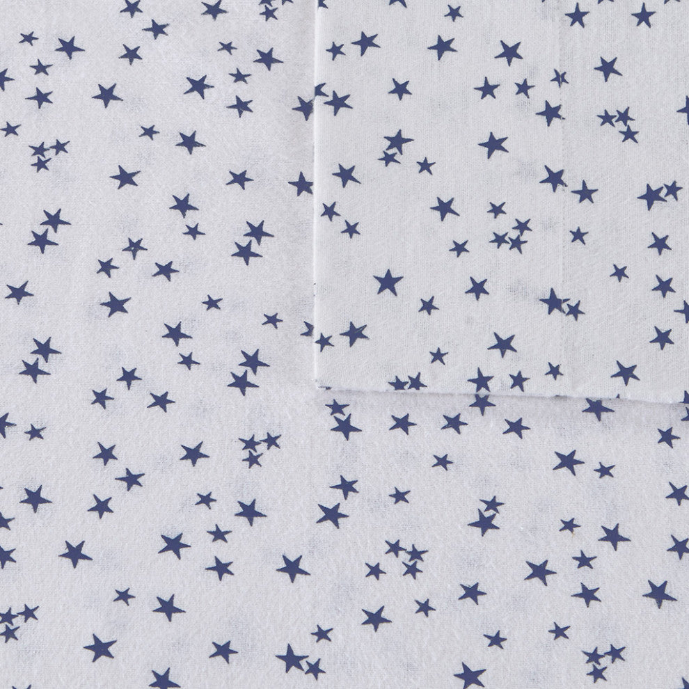 Intelligent Design Cozy Soft Cotton Flannel Printed Sheet Set, Blue Stars