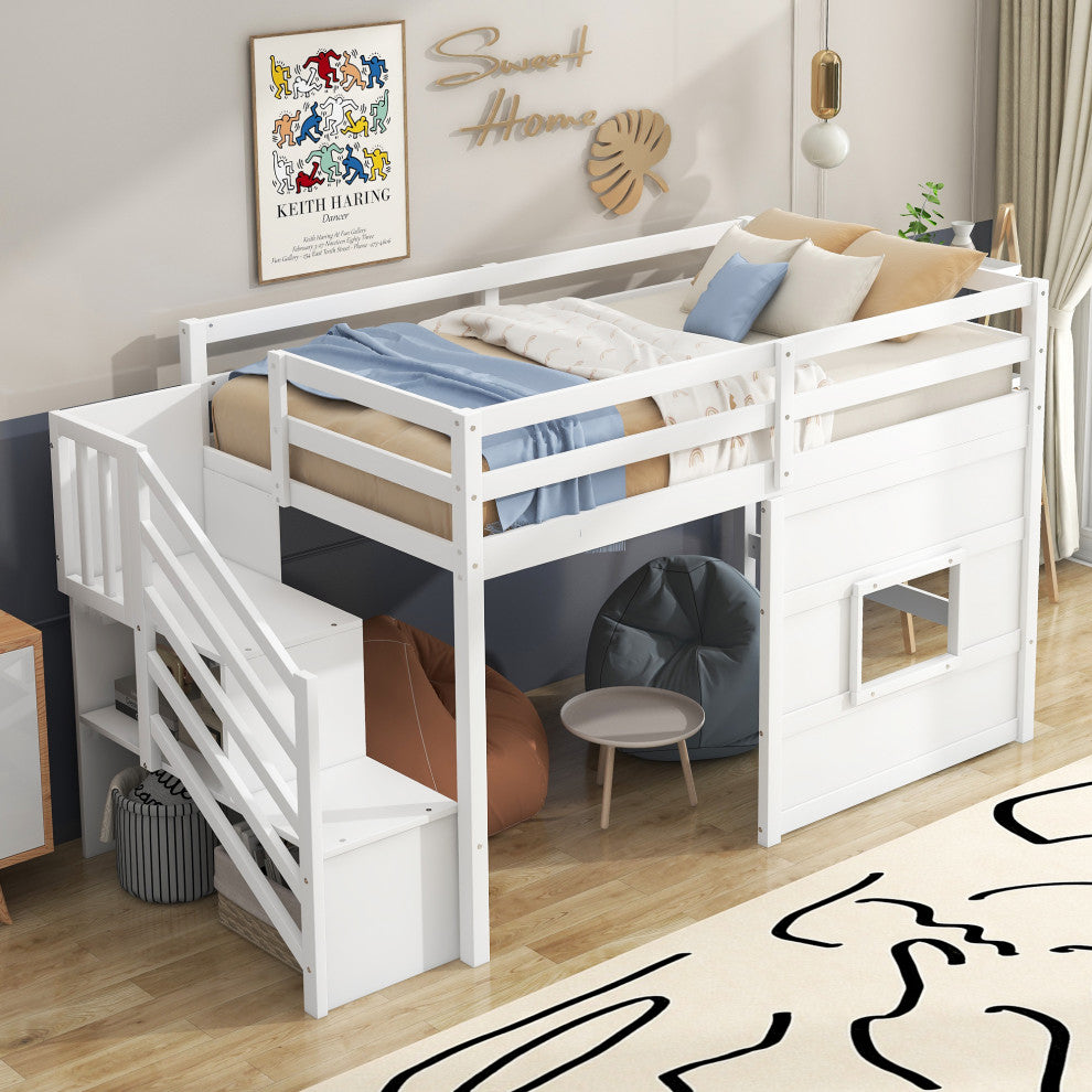 Gewnee Twin Size Loft Bed with Storage Staircase and Window