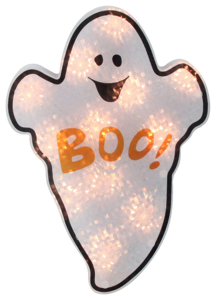 12" Lighted White Holographic Ghost Halloween Window Silhouette Decor