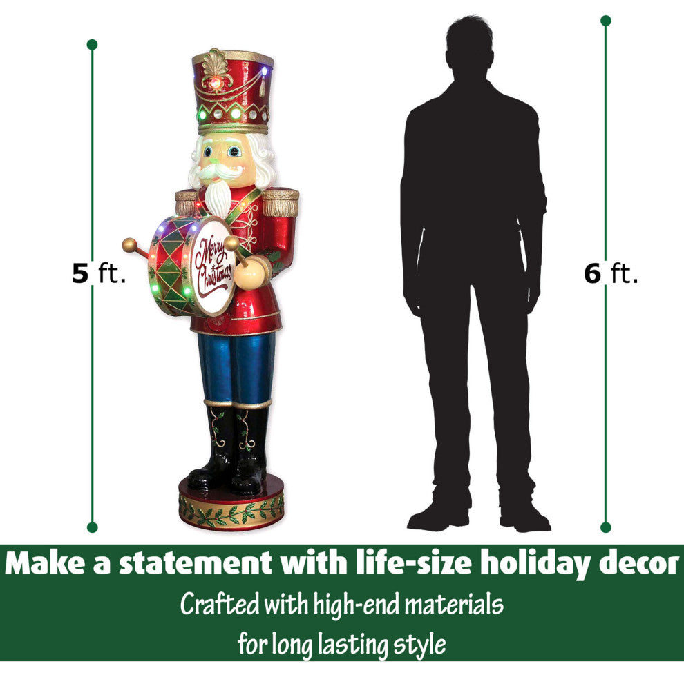 5' Nutcracker Playing Bass Drum With Moving Hands, Music, Timer, 15 LEDs