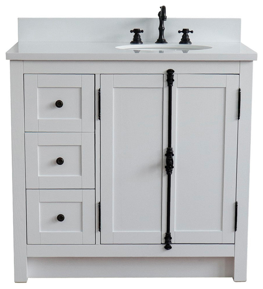 37" Vanity, Glacier Ash, White Engineered Stone Top, Right Doors/Right Oval Sink