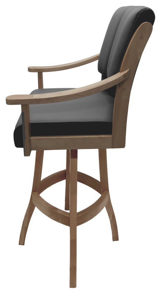 Leather Swivel Wood Bar Stool Casa on S-Base, Gray Leather on Cashew, 34"