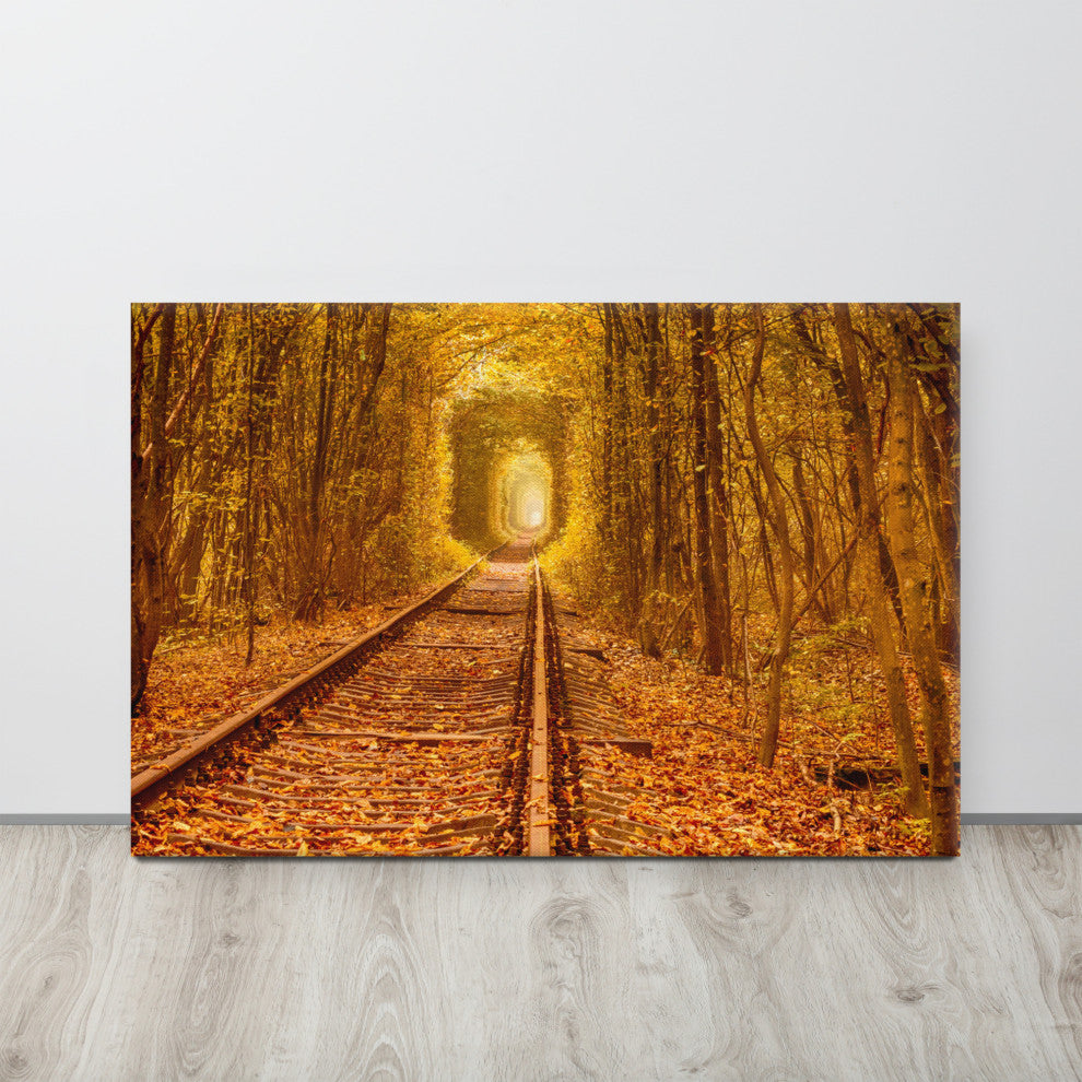 Ukraine Forest Railway Tunnel of Love Landscape Photo Canvas Wall Art Print, 24" X 36"