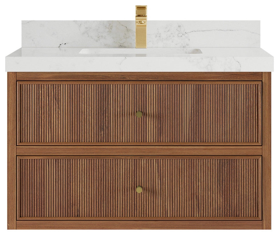 Sonoma Floating 36 Single Sink Vanity in Dark Natural with 2" Calacatta Nuvo