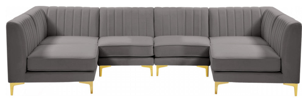 Alina Velvet Modular U-Shaped Sectional, Grey, 6-Piece: 4 Armless Chair, 2 Corner Chair