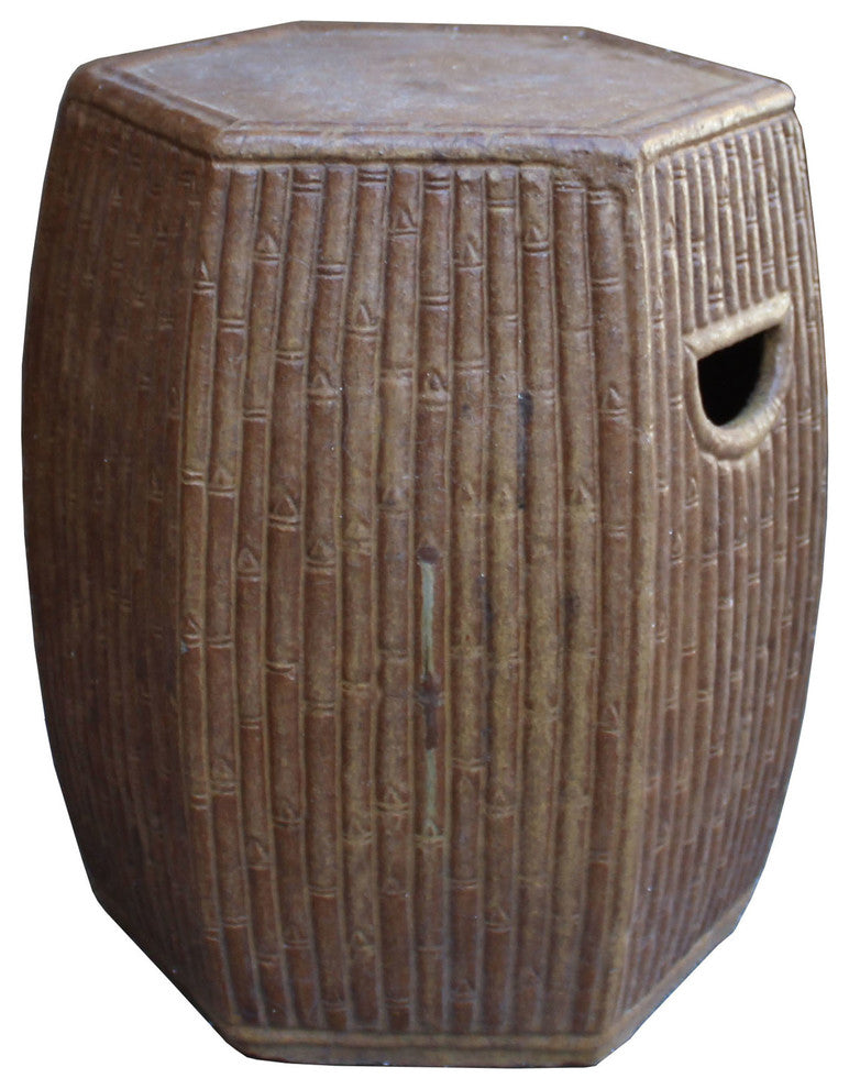 Chinese Hexagon Bamboo Theme Brown Ceramic Clay Garden Stool