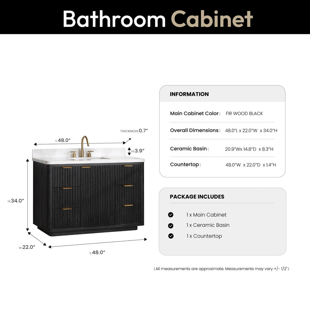 Vinnova Cadiz Bath Vanity, Composite Stone Top, Black, 48", No Mirror