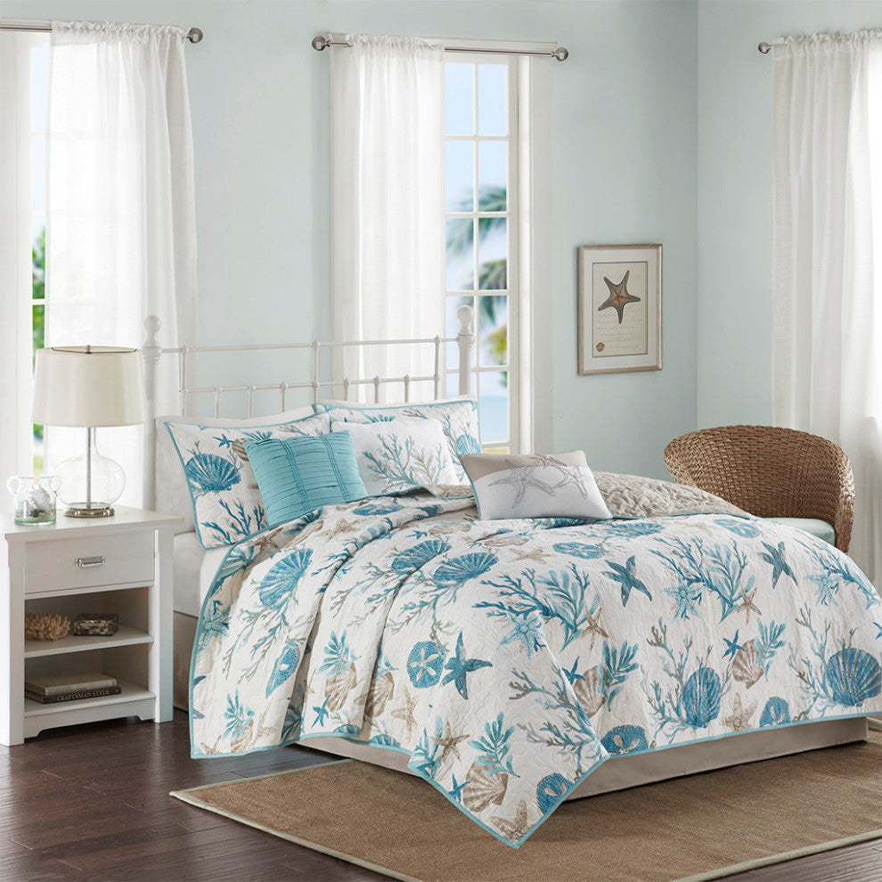 Madison Park Pebble Beach 6 Piece Cotton Sateen Quilt Set With Throw Pillows