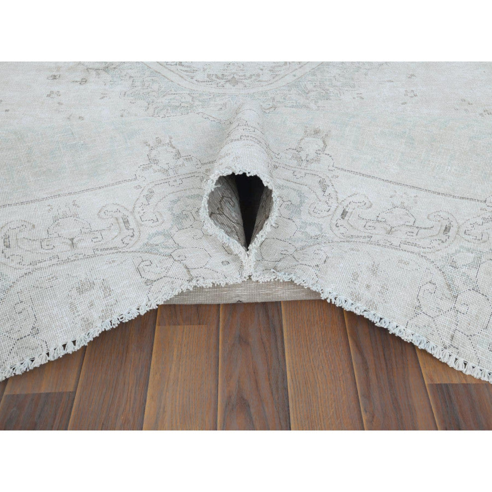 Cropped Thin, Hand Knotted, Ivory, Vintage Persian Kerman, Wool Rug 8'8" x 12'0"