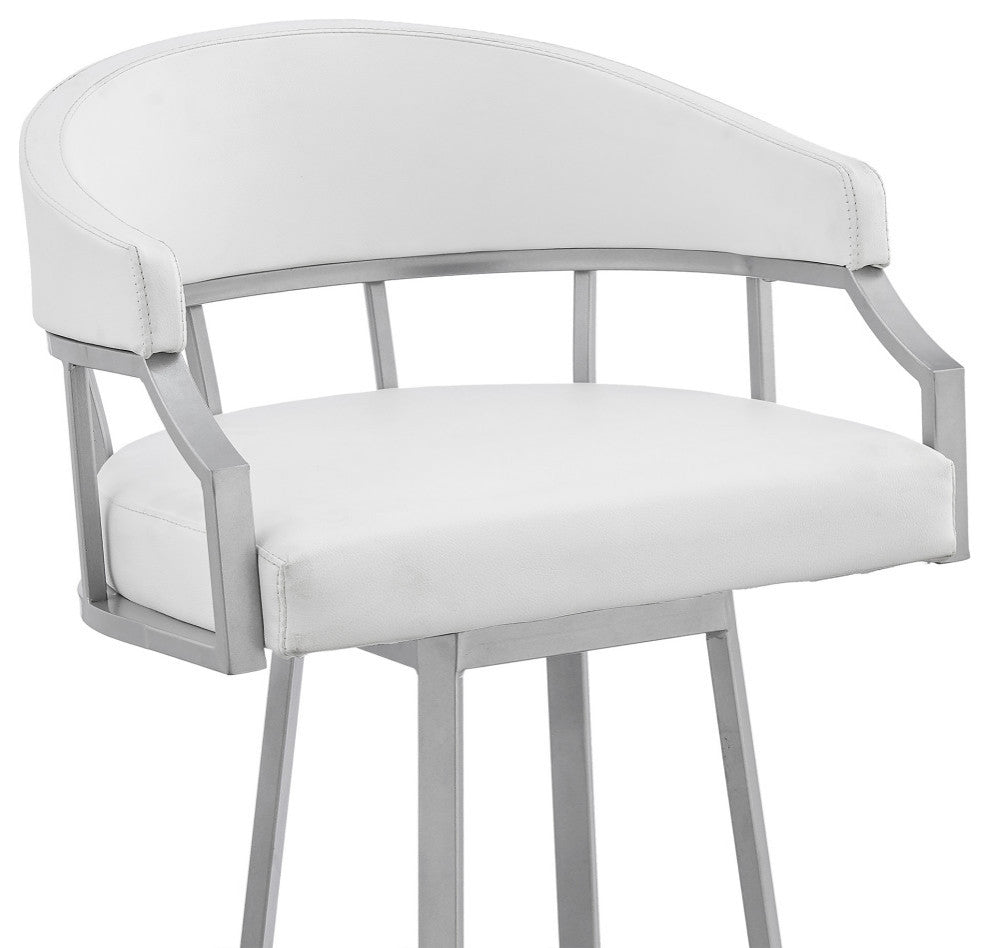 Valerie Swivel Brown Faux Leather and Java Brown Metal Bar Stool, White/Silver, Bar Height