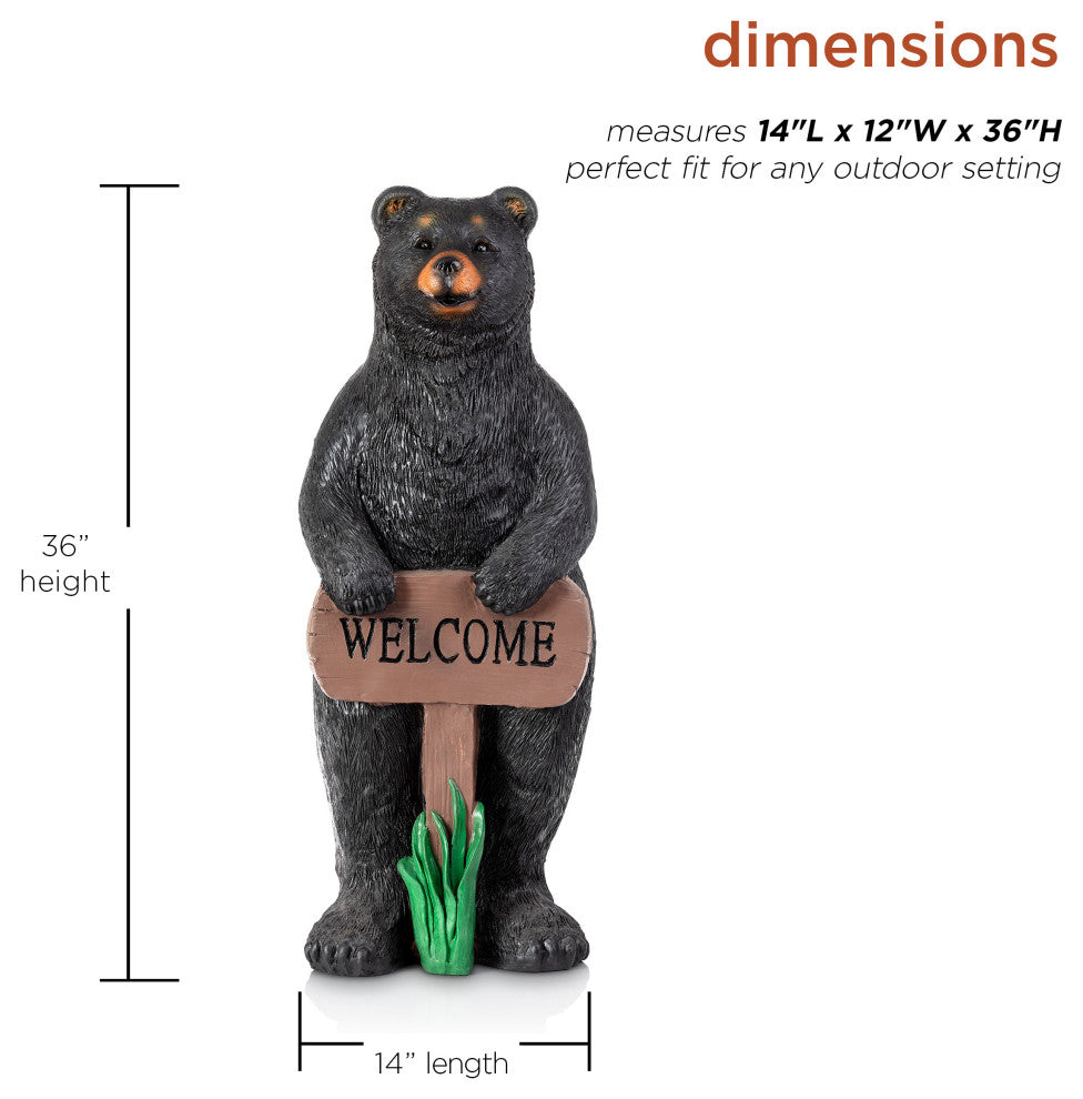 36" Tall Outdoor Standing Black Bear with Welcome Sign Yard Statue Decoration