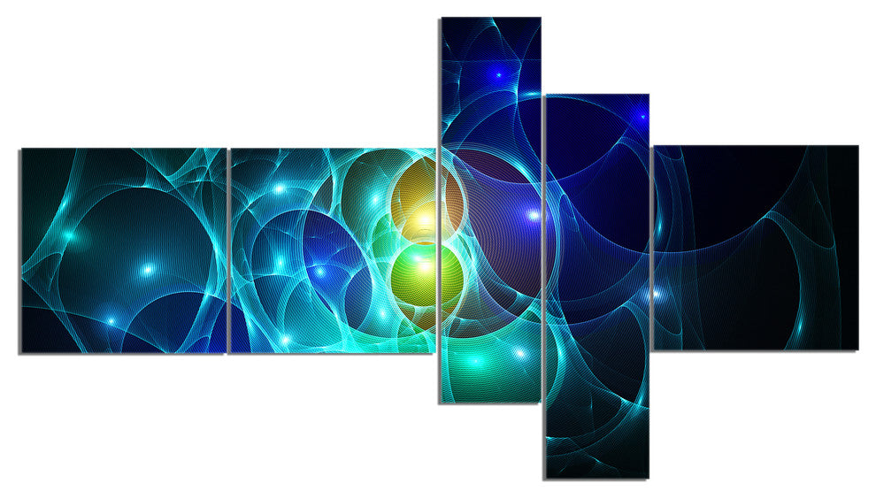 Blue Glowing Bubbles Time, Abstract Wall Art Canvas, 60"x32", 5 panels