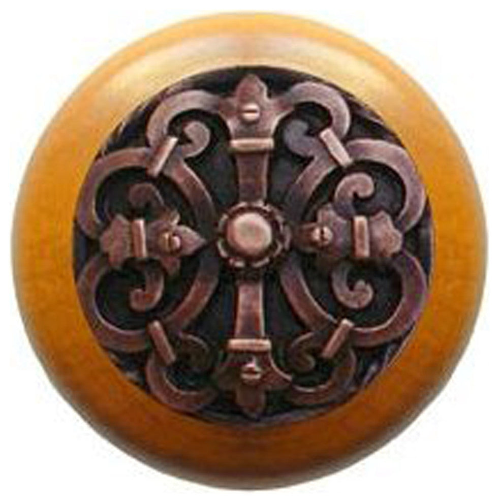 Chateau Wood Knob, Antique Brass, Maple Wood Finish, Antique Copper