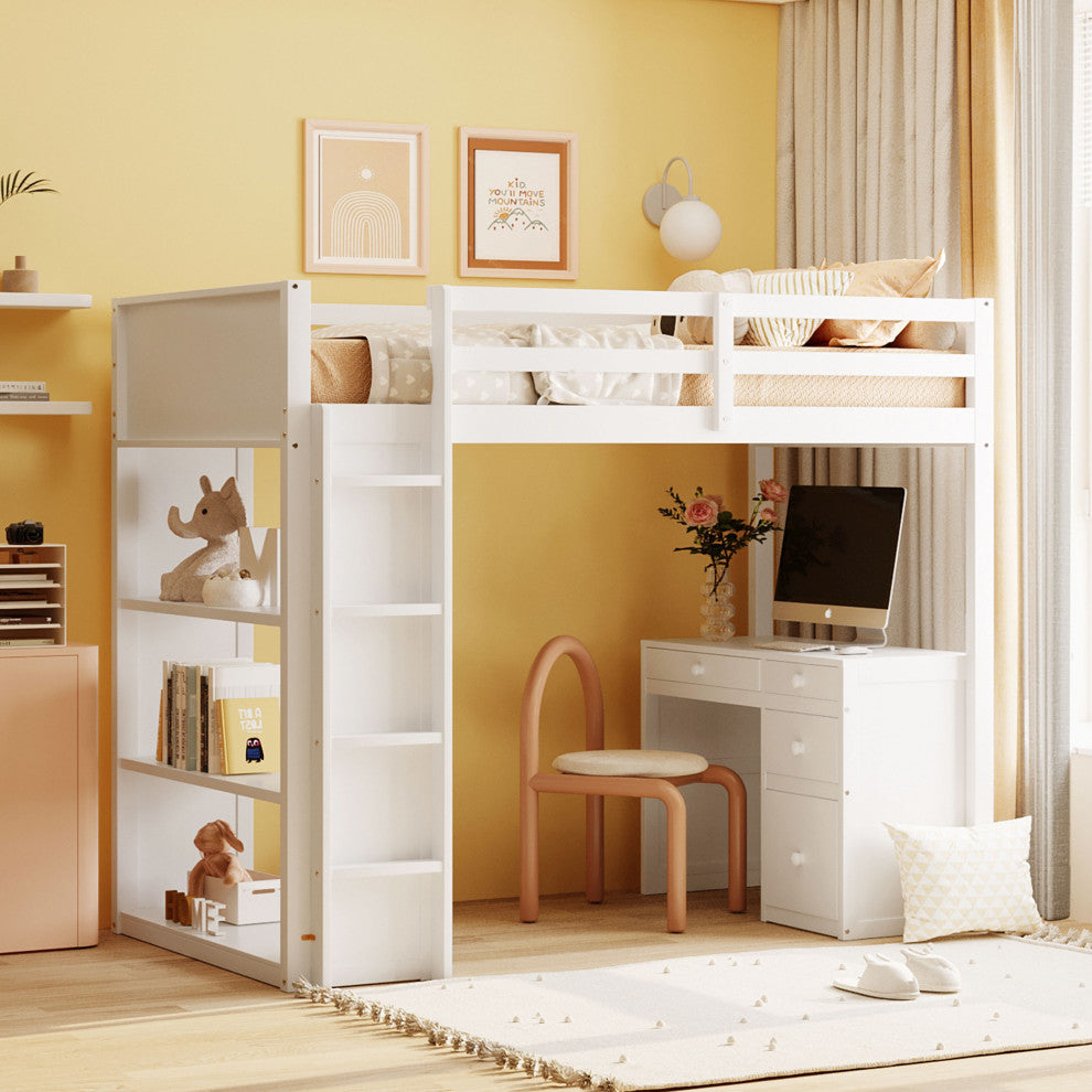 Gewnee Full Size Wood Loft Bed with Ladder,Shelves and Desk in Gray