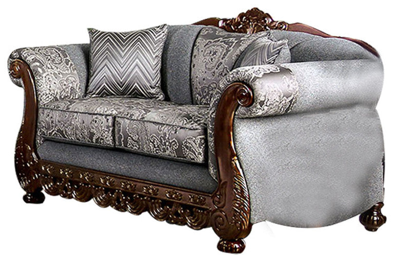 Chenille Love Seat with Wood Trim Design, Gray