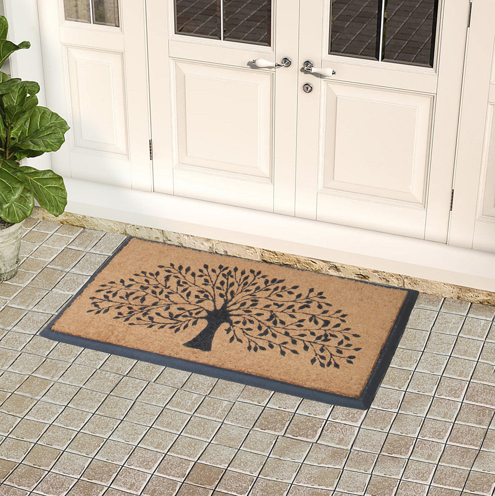 A1HC Flocked Rubber and Coir Molded Double Doormat, Shedding Leaf Design, Beige/Black, 30"x48"