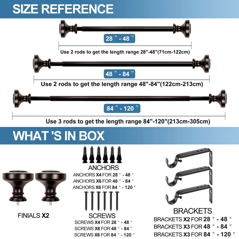 1" Semplice Drapery Curtain Rod, Bronze, 84"-120"