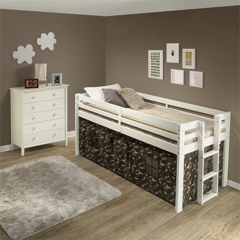 Jasper Twin Junior Loft Bed, White Frame, Green Camouflage Bottom Playhouse Tent