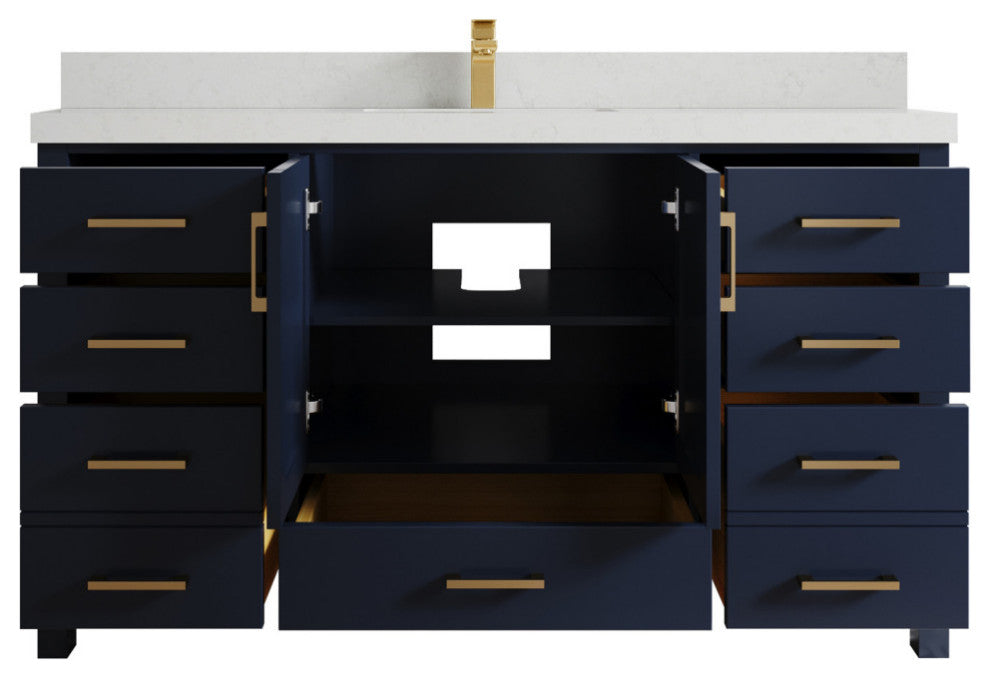 Malibu 60 Single Sink Bathroom Vanity in Navy Blue 2" Carrara Quartz