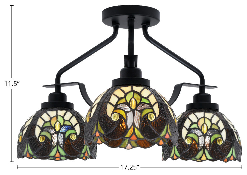 Odyssey 3 Light Semi Flush Mount, Matte Black Finish, 7" Ivory Cypress Art Glass