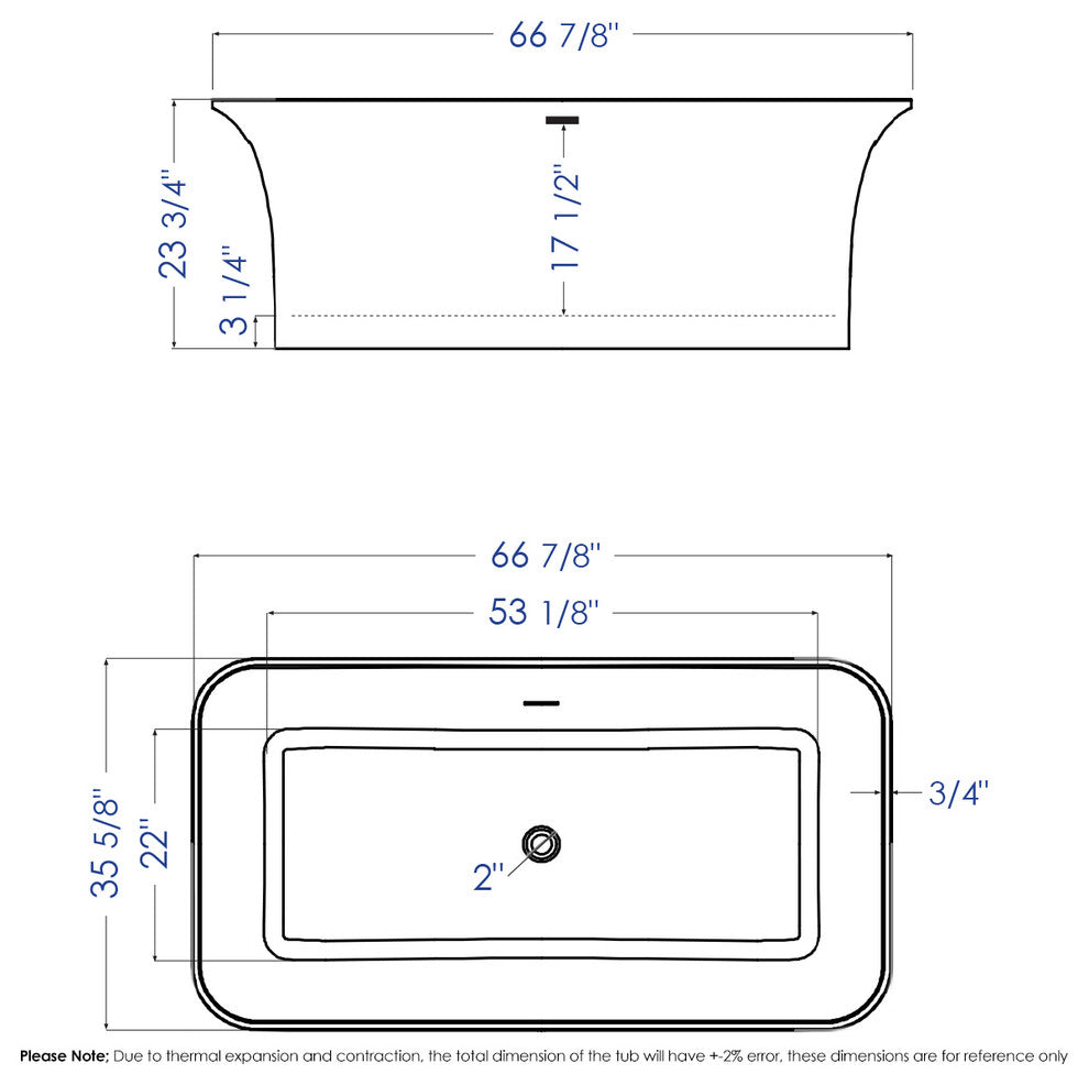 ALFI brand AB9942 67" White Rectangular Solid Surface Smooth Resin Bathtub