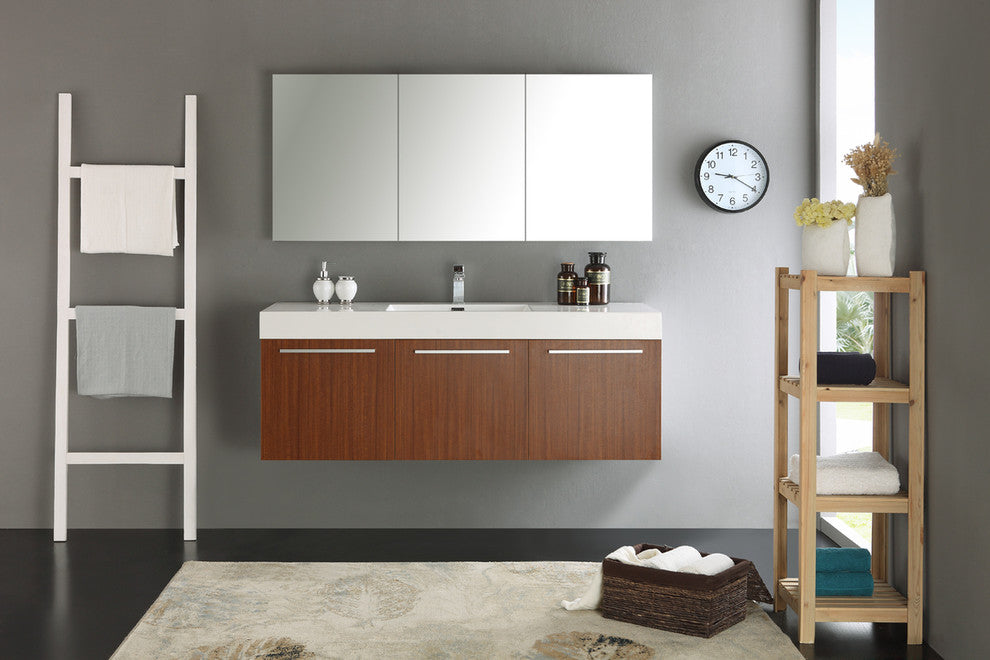 Vista 60" Teak Wall Hung Single Sink Modern Bathroom Vanity, FFT9161CH