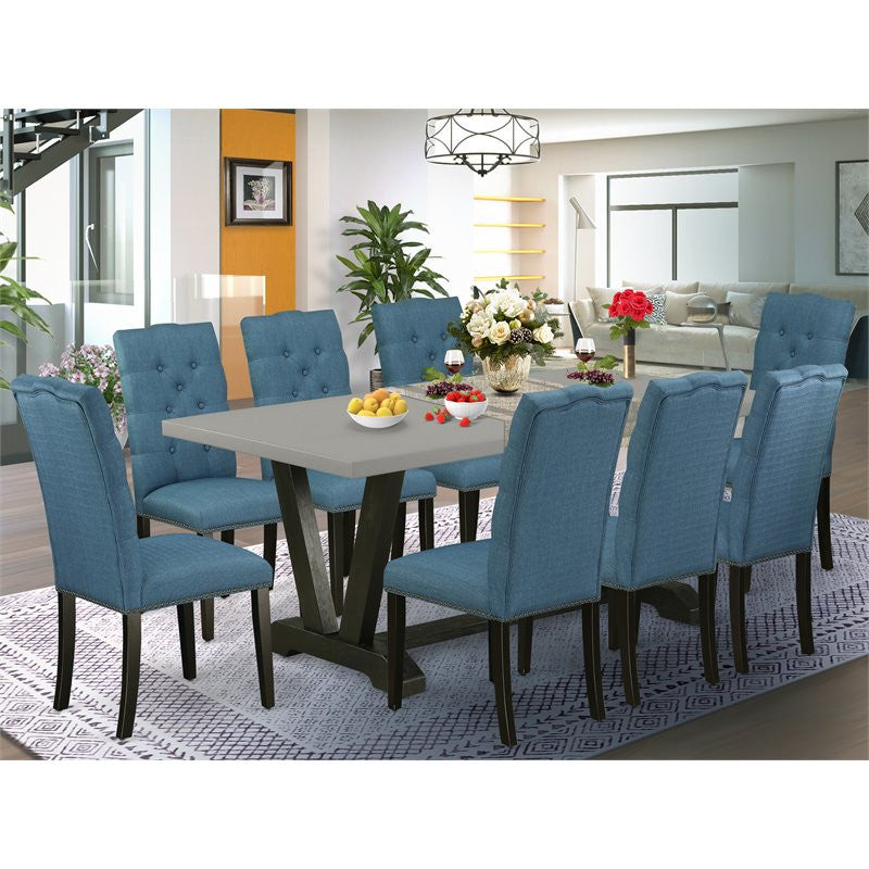 9-Piece Dinette Set Cement Color Table Top and 8 Chairs, Wire Brushed Black