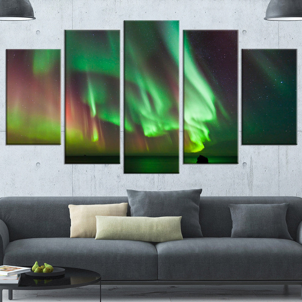 Green Northern Lights Aurora, Large Abstract Canvas Wall Art, 60"x32", 5 Panels