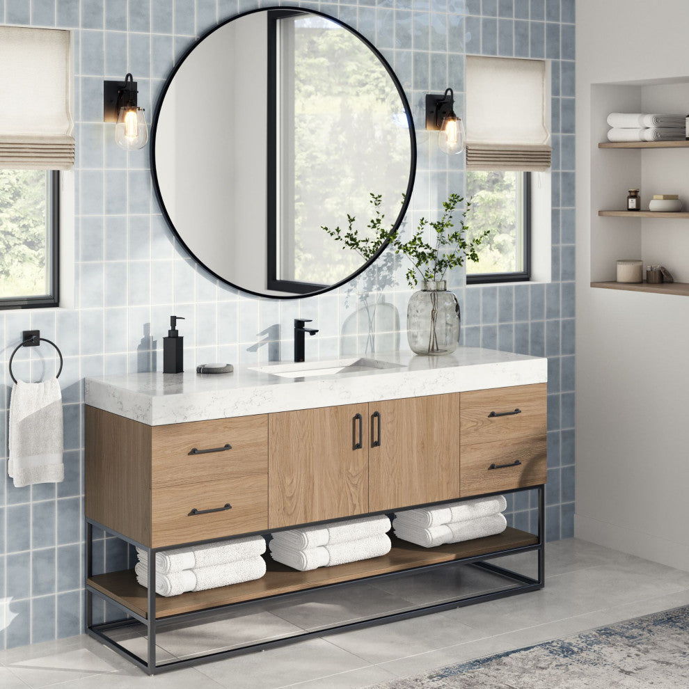 Bahia Bath Vanity, Oak, 60", Matte Black Hardware, Single, Freestanding
