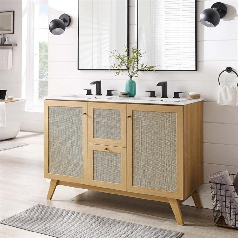 Modway Soma 48" Double Sink Modern Wood Bathroom Vanity in Oak and White