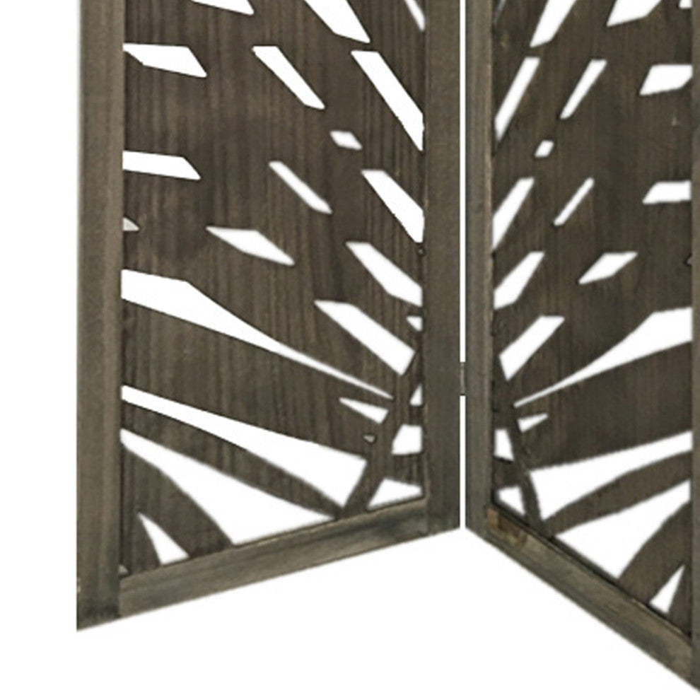 Benzara BM228617 3 Panel Wooden Screen with Laser Cut Tropical Leaf Design, Gray