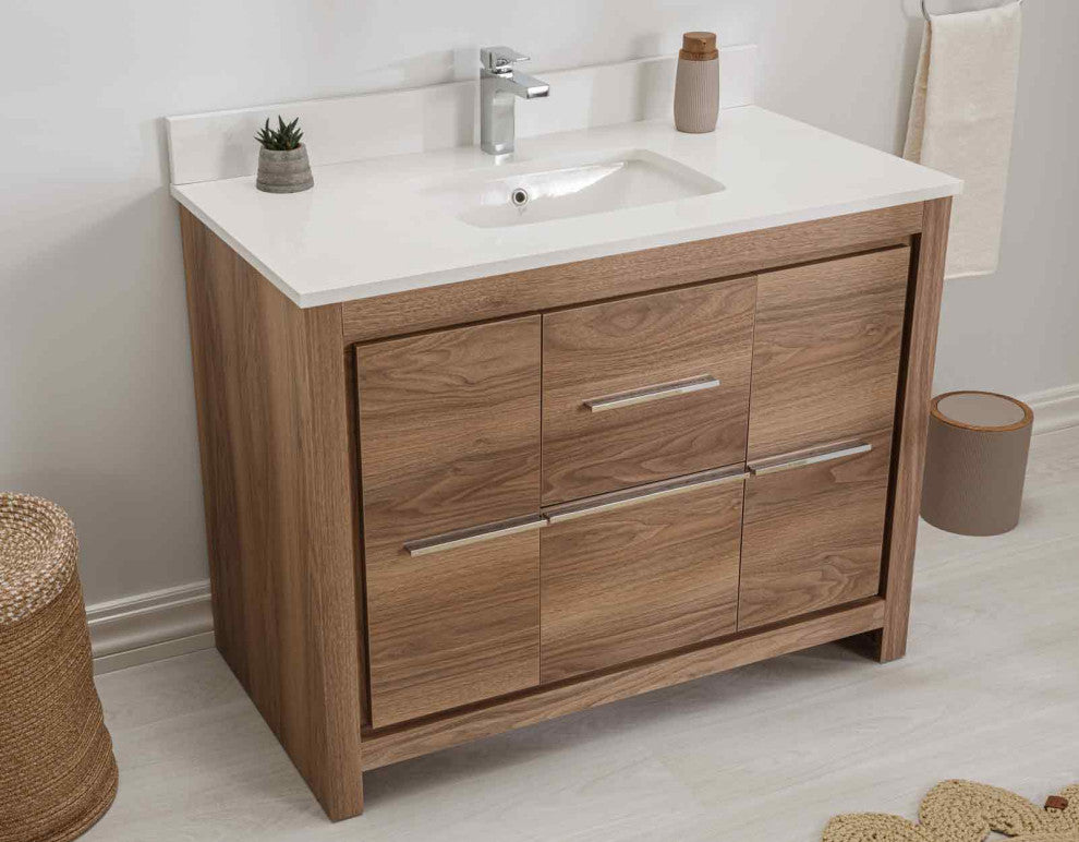 Mila Collection 42" Bathroom Vanity With Sink, Mirror, Countertop, Walnut Brown