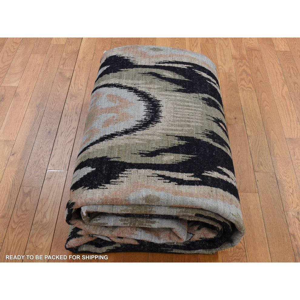 Eerie Black 100% Wool Ikat Uzbek Design Hand Knotted Oriental Rug 9'1" x 13'