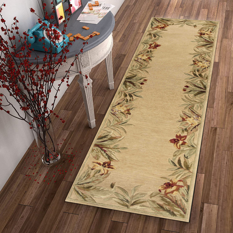 HomeRoots 10' Ivory Hand Tufted Bordered Tropical Plants Indoor Runner Rug