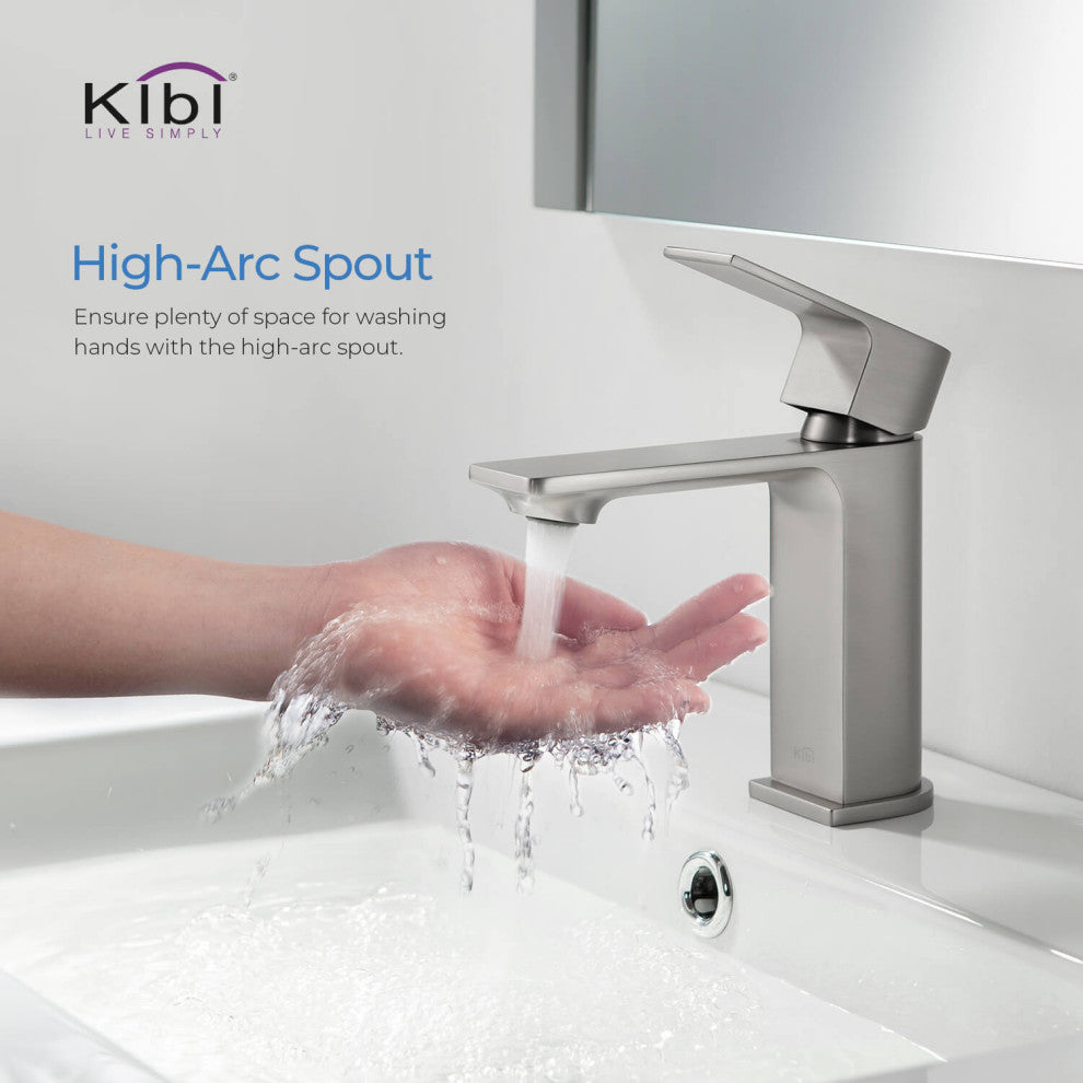KIBI Mirage Single Handle Bathroom Faucet, Brush Nickel, With Drain