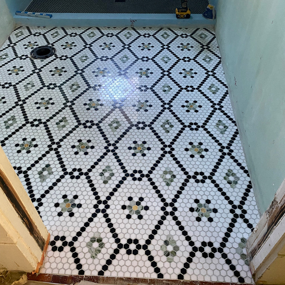 Thassos White Marble Hexagon Historic Snowflake Mosaic Tile Green, 1 sheet
