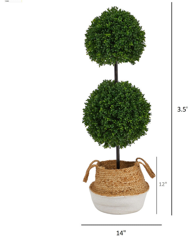 3.5' Boxwood Double Ball Faux Topiary Tree Handmade Cotton & Jute Woven Planter