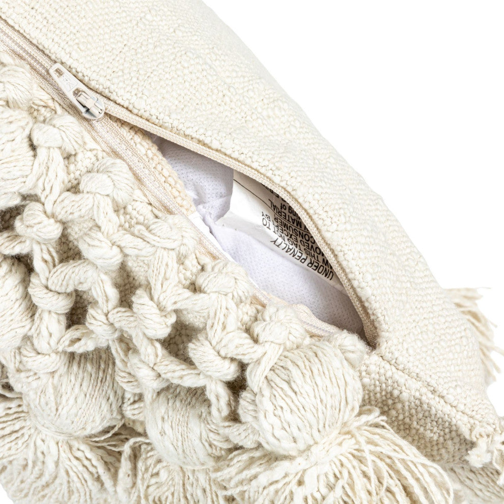 Square Crochet and Tassels Cream Cotton Slub Pillow