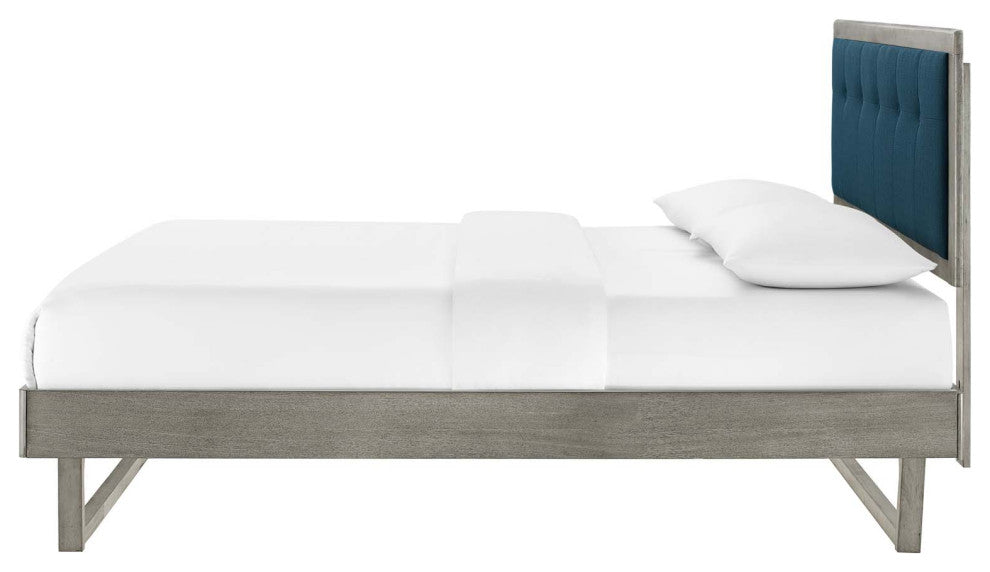 Platform Bed Frame, Queen Size, Fabric, Wood, Gray Navy Blue, Modern