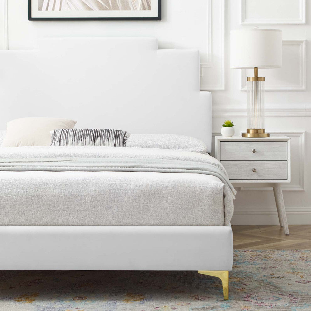 Platform Bed Frame, King Size, Velvet, White, Modern Contemporary, Bedroom