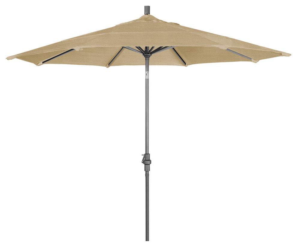 11' Grey Collar Tilt Crank Lift Aluminum Umbrella, Sunbrella, Linen Sesame
