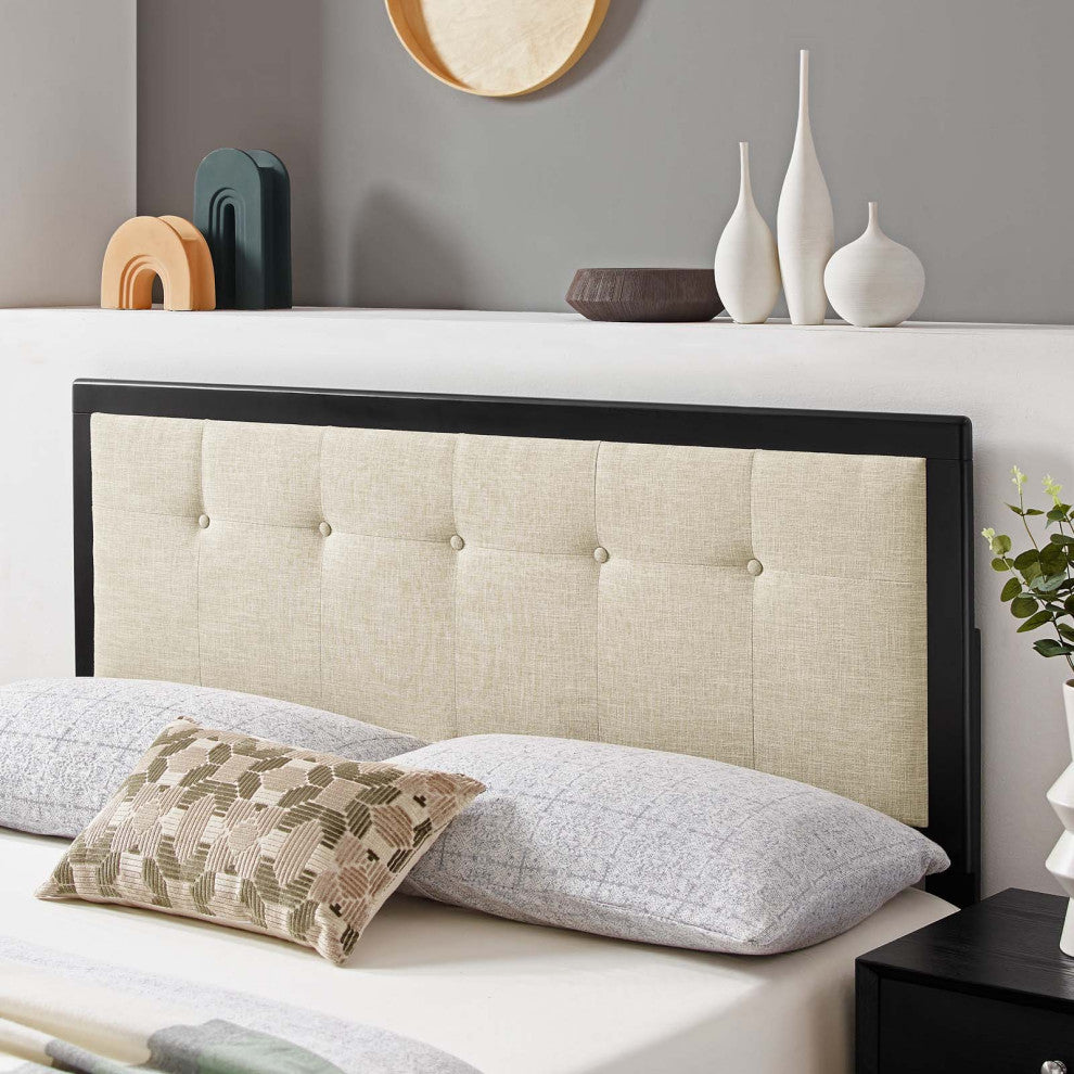 Draper Tufted Queen Fabric and Wood Headboard Black Beige