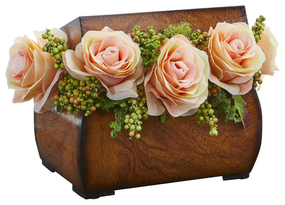 Nearly Natural Roses Artificial Arrangement In Decorative Chest, Peach