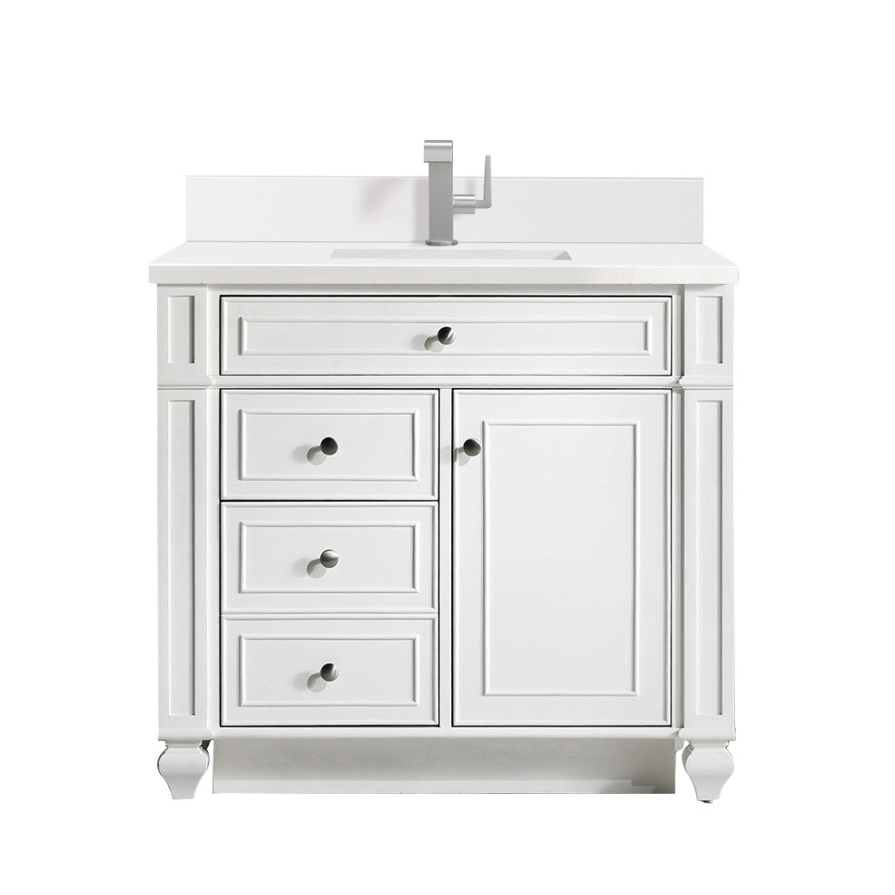 Bristol 36" Single Vanity, Bright White, Single Hole White Quartz, Backsplash