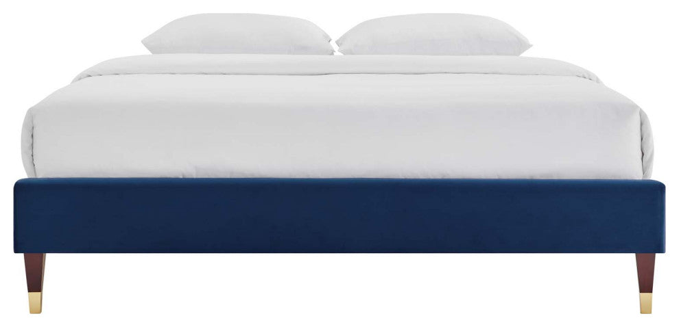 Platform Bed Frame, King Size, Velvet, Blue Navy, Modern Contemporary, Bedroom