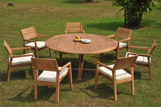 8-Piece Outdoor Teak Dining Set: 72" Round Table, 7 Celo Stacking Arm Chairs