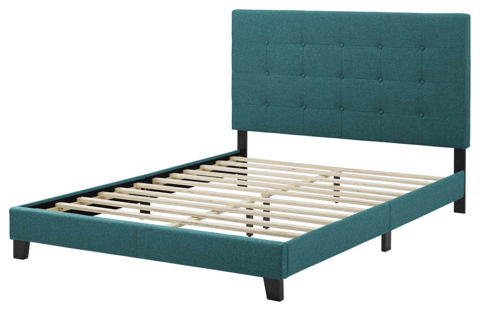 Contemporary Modern Bedroom Twin Size Platform Bed Frame, Fabric, Aqua Blue