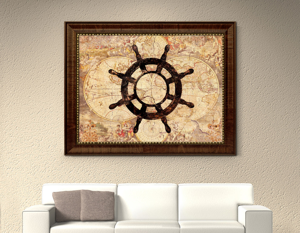 Wheel Vintage Nautical Map Print on Canvas with Picture Frame, 15" x 19"